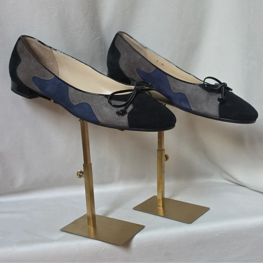 Amalfi Made In Italy Womens Suede Ballet Flat Slip-On Bow Black Gray Blue 9M